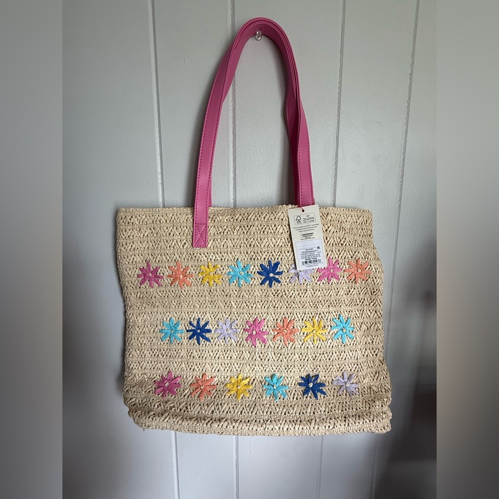 Pink-Handle Straw Tote with Multicolor Flower Accents